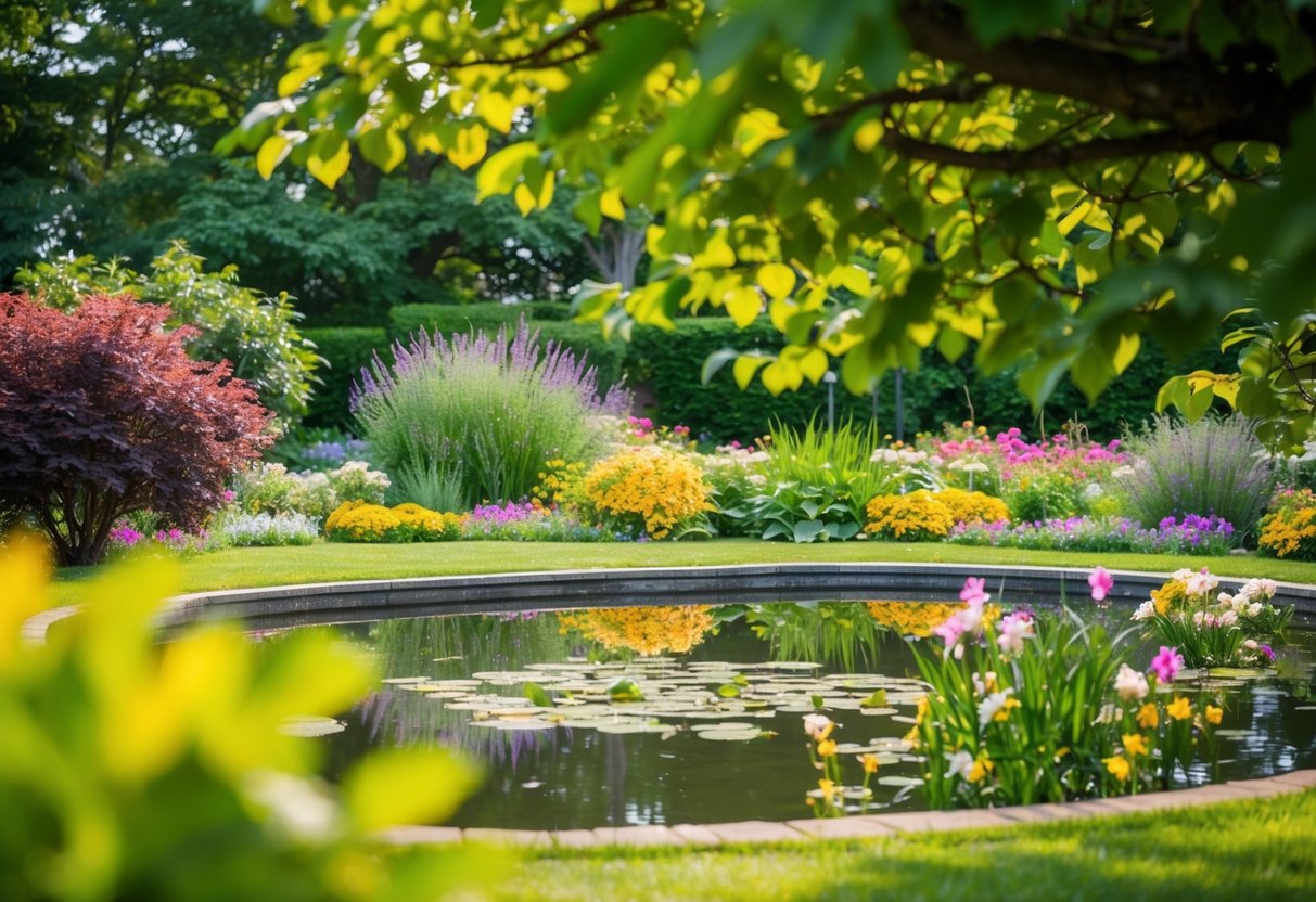 A serene garden with a peaceful pond, surrounded by colorful flowers and trees, with a gentle breeze rustling the leaves