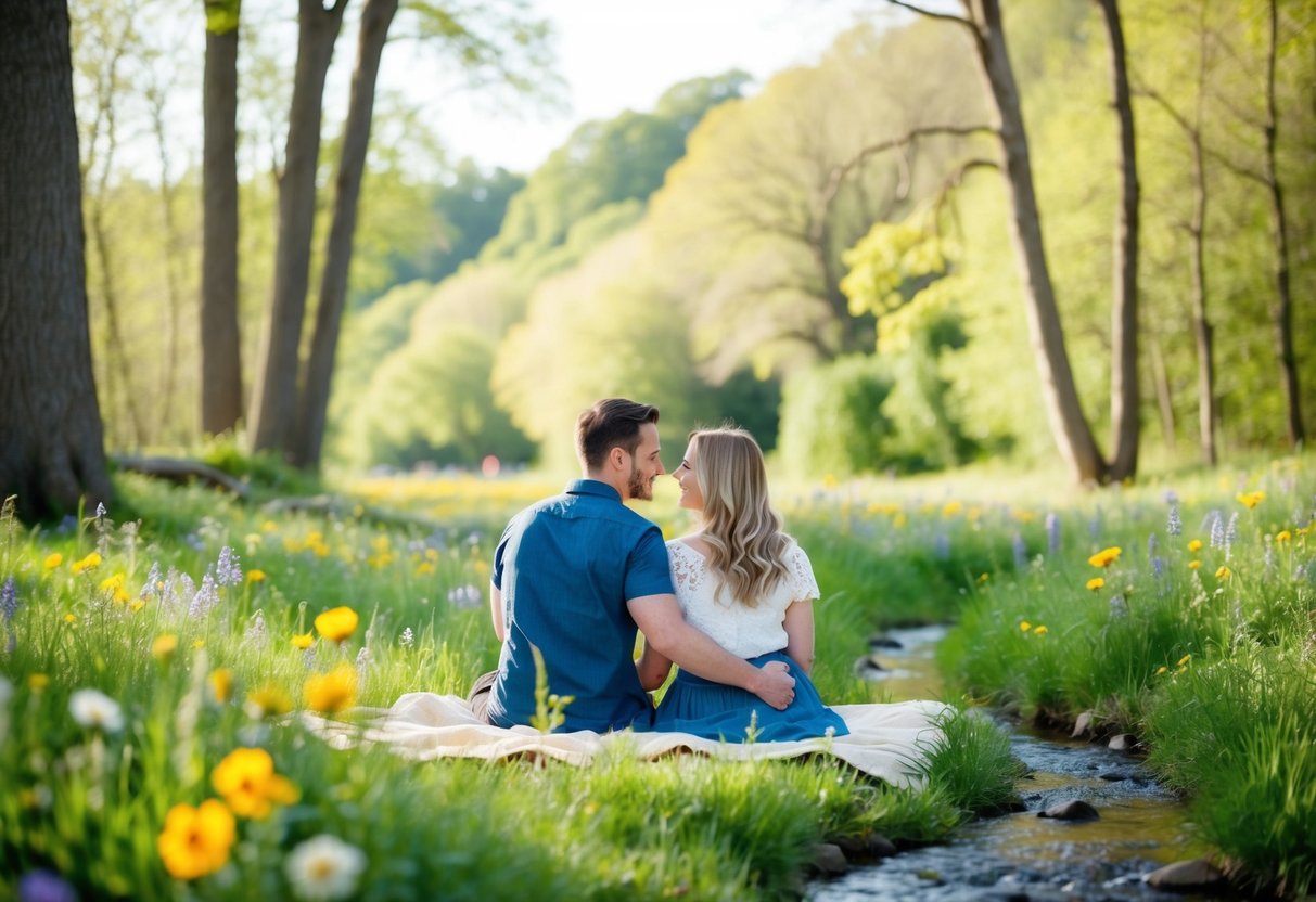 A couple sits on a blanket in a peaceful meadow surrounded by blooming wildflowers and tall trees. A gentle stream flows nearby as birds sing in the distance