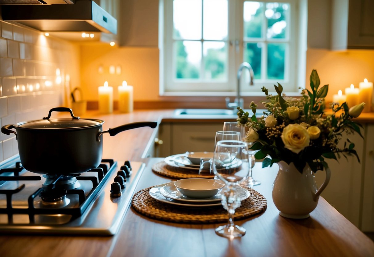 A cozy kitchen with a simmering pot on the stove, soft candlelight, and a table set for two with a vase of fresh flowers