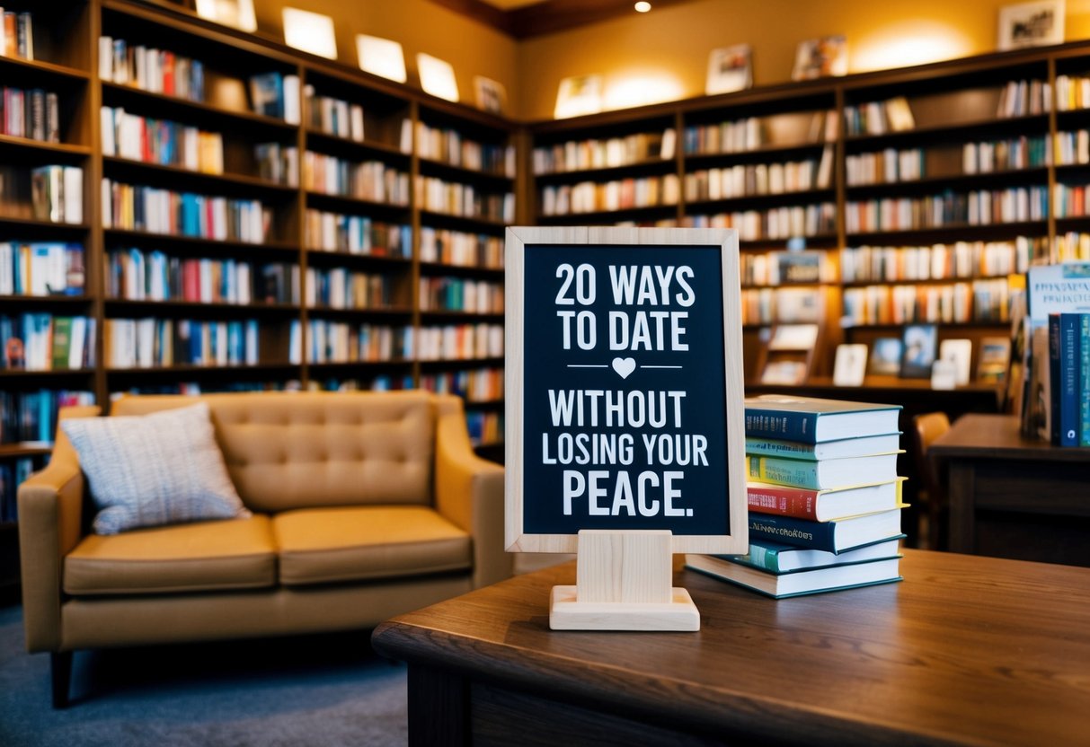 A cozy bookstore with shelves of books, comfortable seating, warm lighting, and a sign for "20 Ways to Date Without Losing Your Peace."