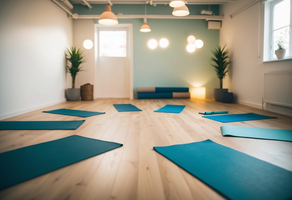 A serene yoga studio with mats arranged in a circle, soft lighting, and a peaceful atmosphere