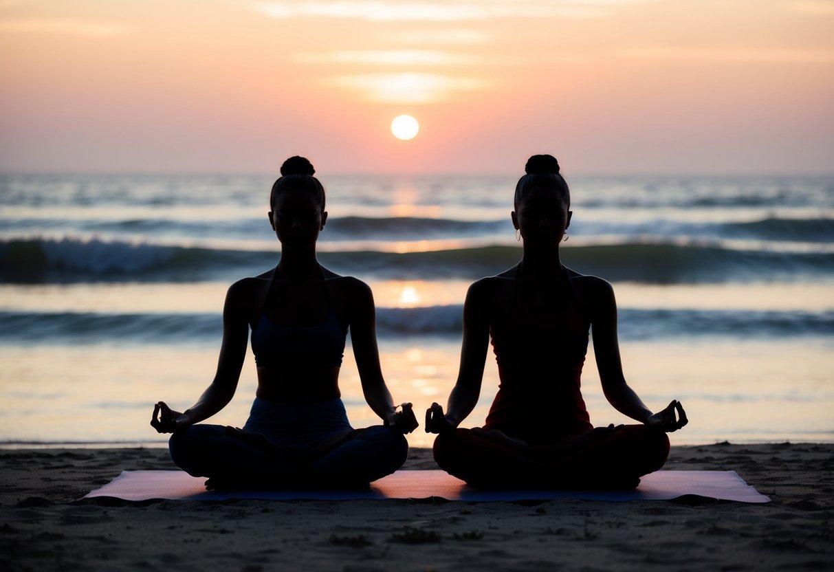 Two figures sit cross-legged on a tranquil beach, surrounded by soft waves and a serene sunset. They meditate peacefully, embodying the essence of calm and tranquility