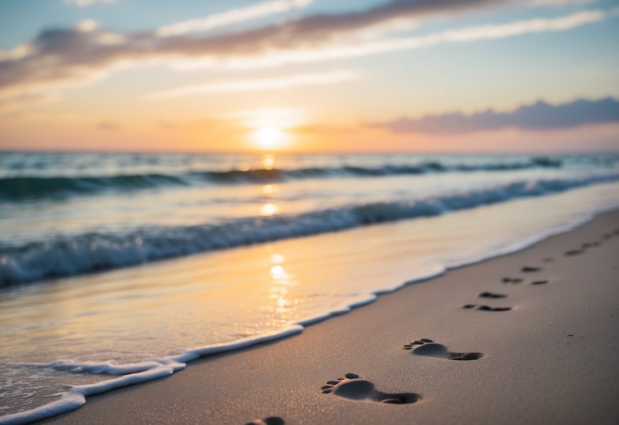 A serene beach with footprints in the sand, waves gently lapping the shore, and a beautiful sunset in the background