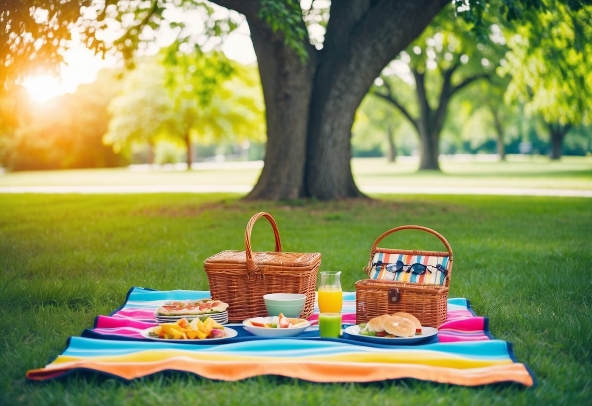 A colorful picnic spread under a shady tree in a serene park setting, with a blanket, basket, and various food and drink items arranged neatly