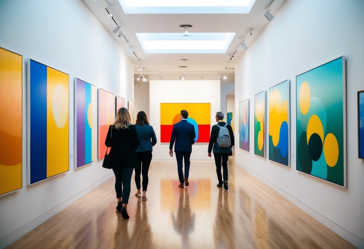 Brightly lit art gallery with colorful abstract paintings on the walls. Visitors stroll through the space, admiring the artwork. Peaceful ambiance with soft background music