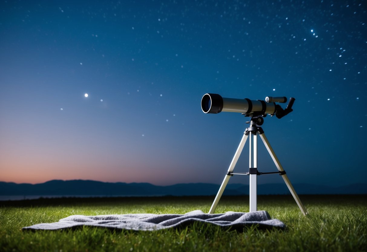 A quiet night with a clear sky, a blanket on the ground, and a telescope pointed towards the stars