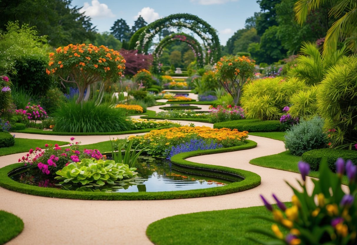 A lush botanical garden with winding paths, colorful flowers, and tranquil ponds