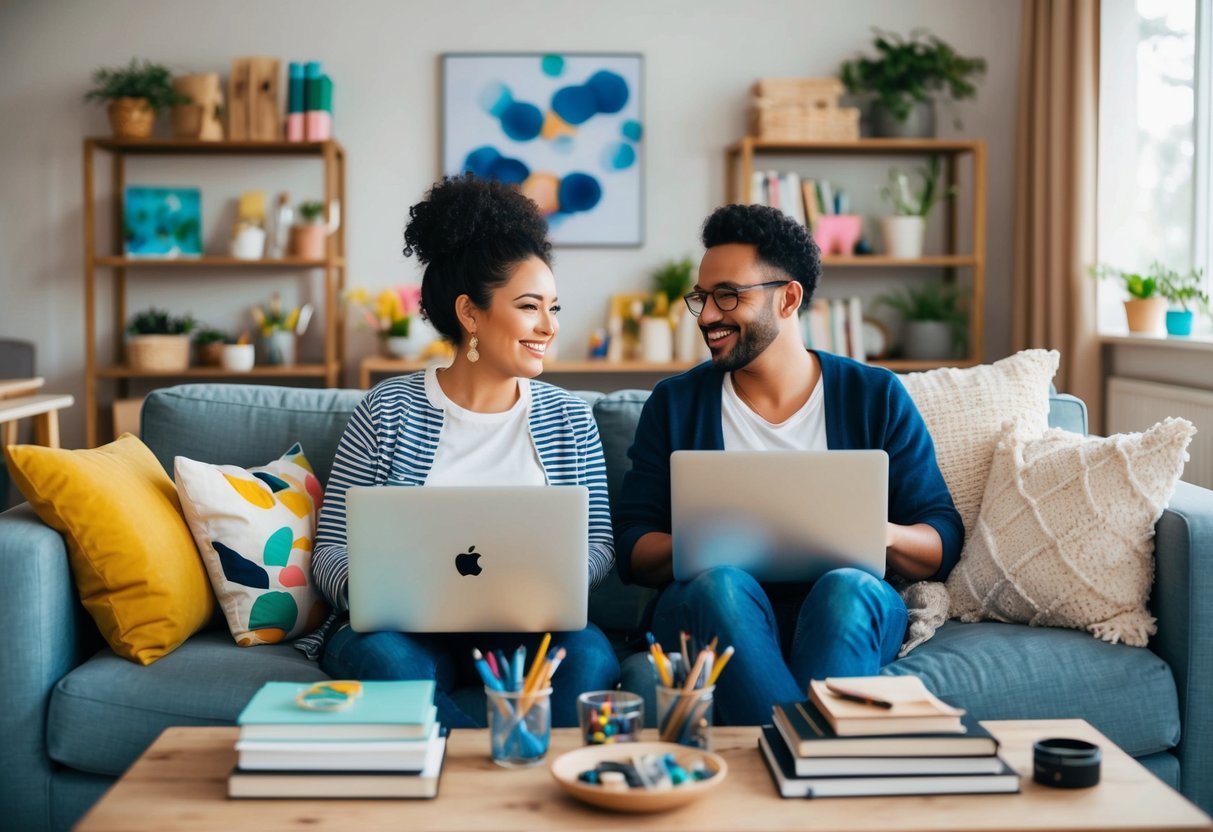 A cozy living room with two people sitting on a comfortable couch, surrounded by art supplies, books, and a laptop, engaged in learning a new hobby together