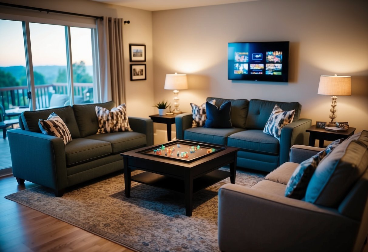 A cozy living room with a table set for game night, surrounded by comfortable seating and soft lighting