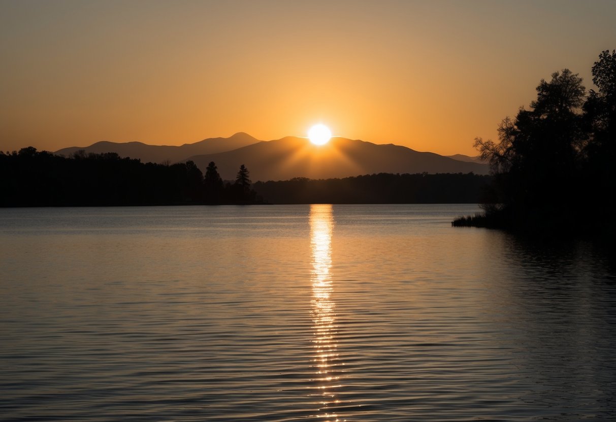 The sun dips below the horizon, casting a warm glow over the tranquil water. Silhouettes of trees and distant mountains create a peaceful backdrop for the fading light