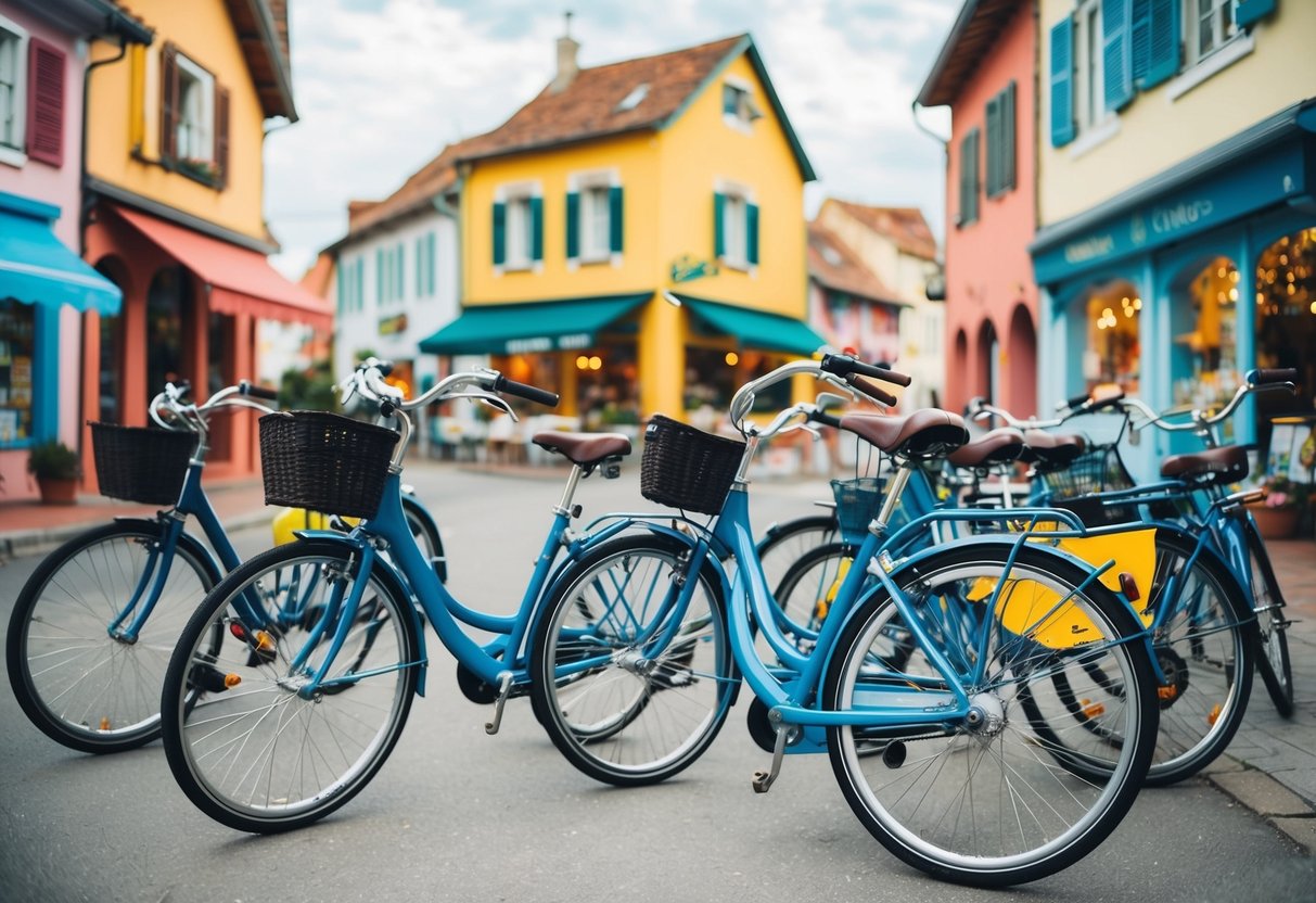 A group of bicycles weaving through a charming town, passing by quaint shops and colorful buildings