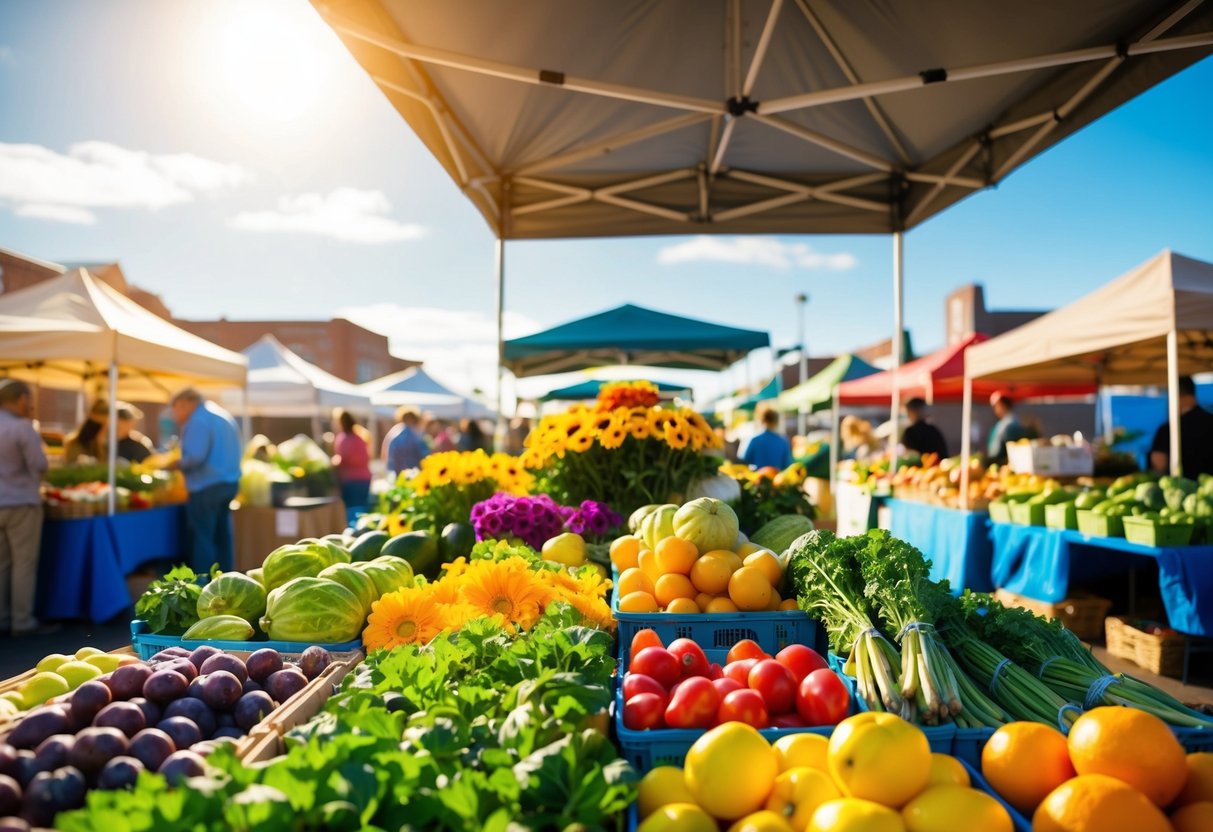 A bustling farmer's market with colorful produce, vibrant flowers, and a variety of vendors under a sunny sky