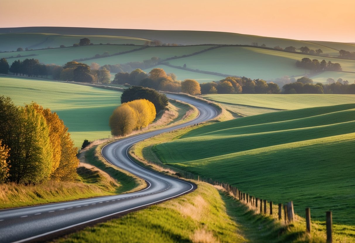 A winding road through a peaceful countryside, with rolling hills and colorful trees lining the route