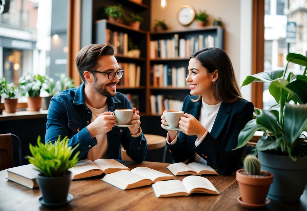 A cozy cafe with two people enjoying coffee, surrounded by books and plants