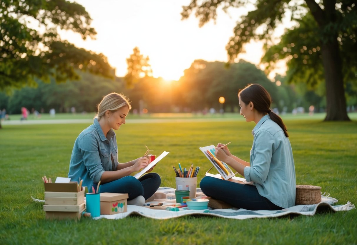 A serene park setting with two figures sitting on a blanket, surrounded by art supplies and creating together. The sun is setting, casting a warm glow over the scene