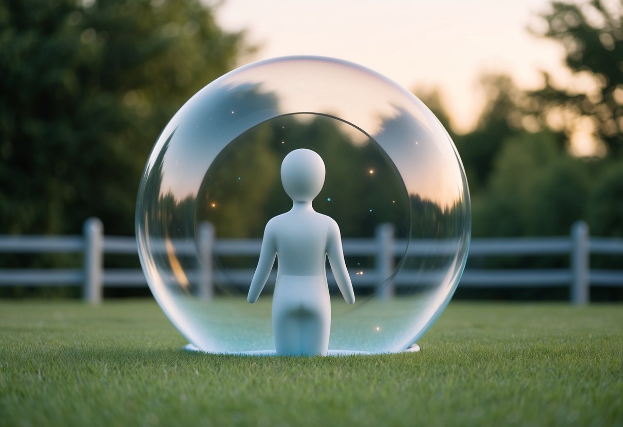 A peaceful figure surrounded by a protective bubble, with clear boundaries marked by a fence and a calm, serene environment