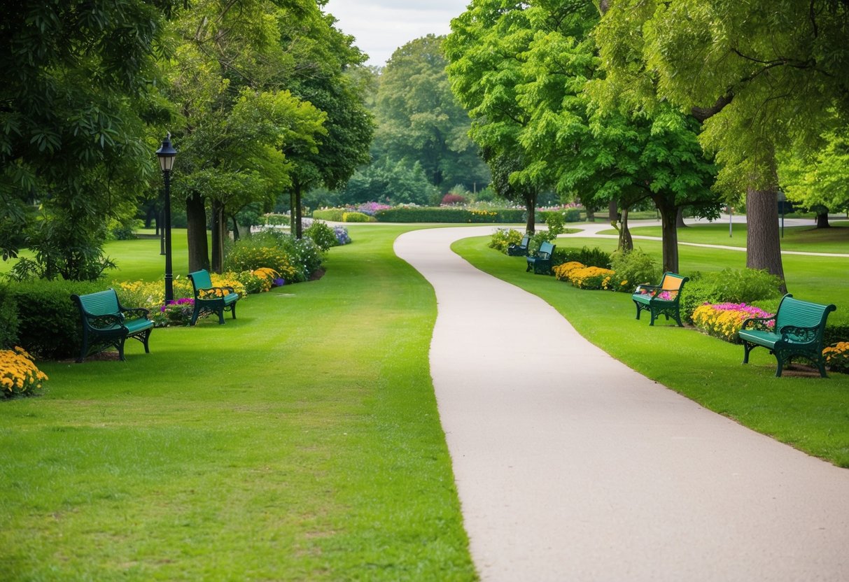 A serene park with a winding path splitting into two, one side lush with greenery and the other side adorned with colorful flowers and benches