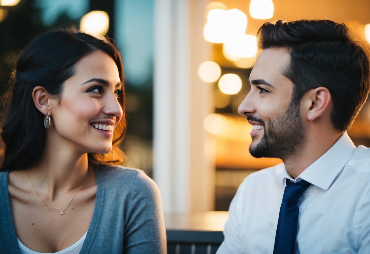 A couple sitting across from each other, making eye contact, with open body language and engaged facial expressions