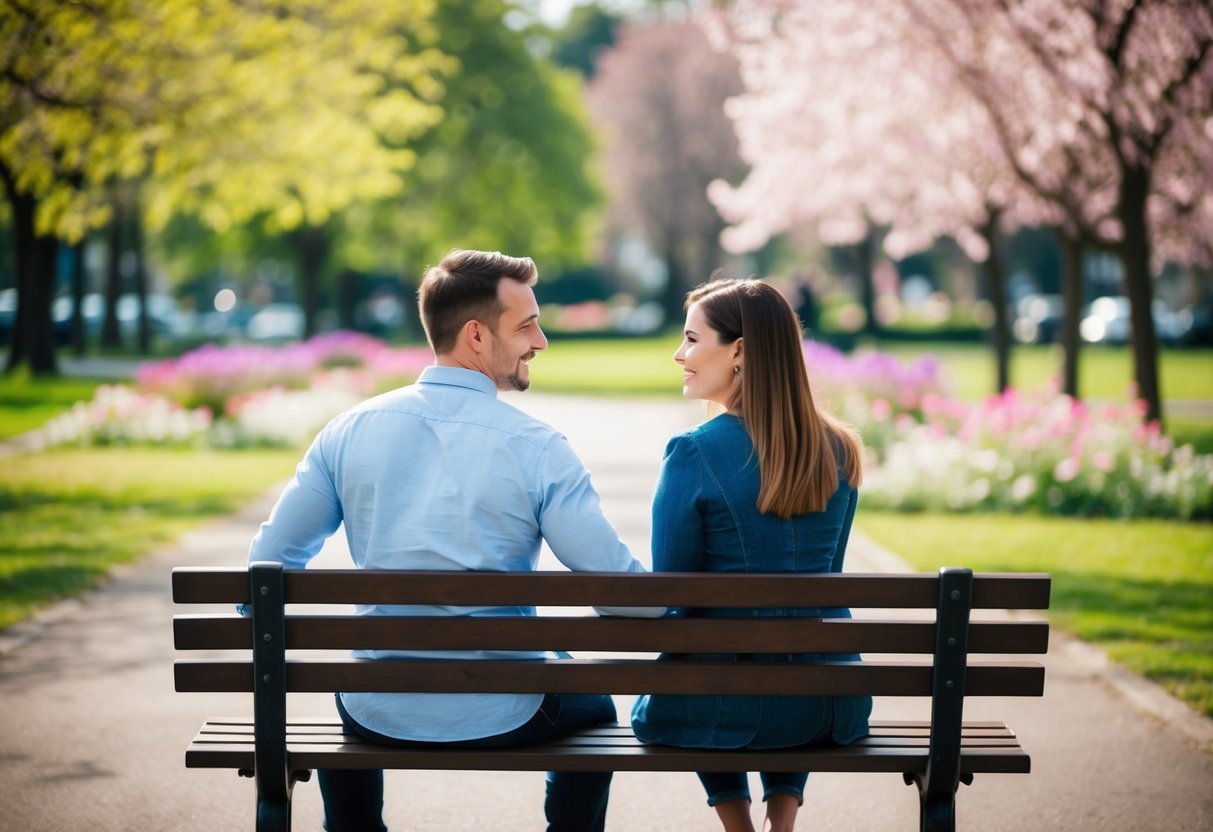 A couple sitting on a park bench, facing each other, with open body language and engaged expressions, surrounded by blooming flowers and trees