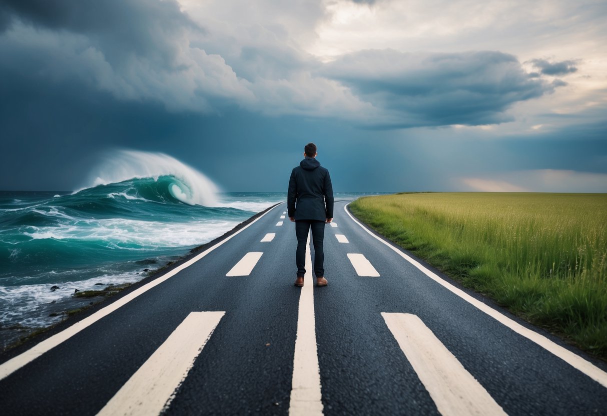 A person standing at a crossroads, with one path leading to a stormy, turbulent sea and the other path leading to a calm, peaceful meadow