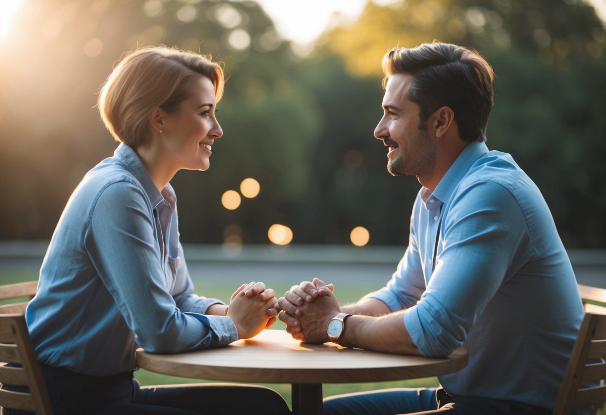 A couple sitting across from each other, engaged in deep conversation, with a warm and intimate atmosphere