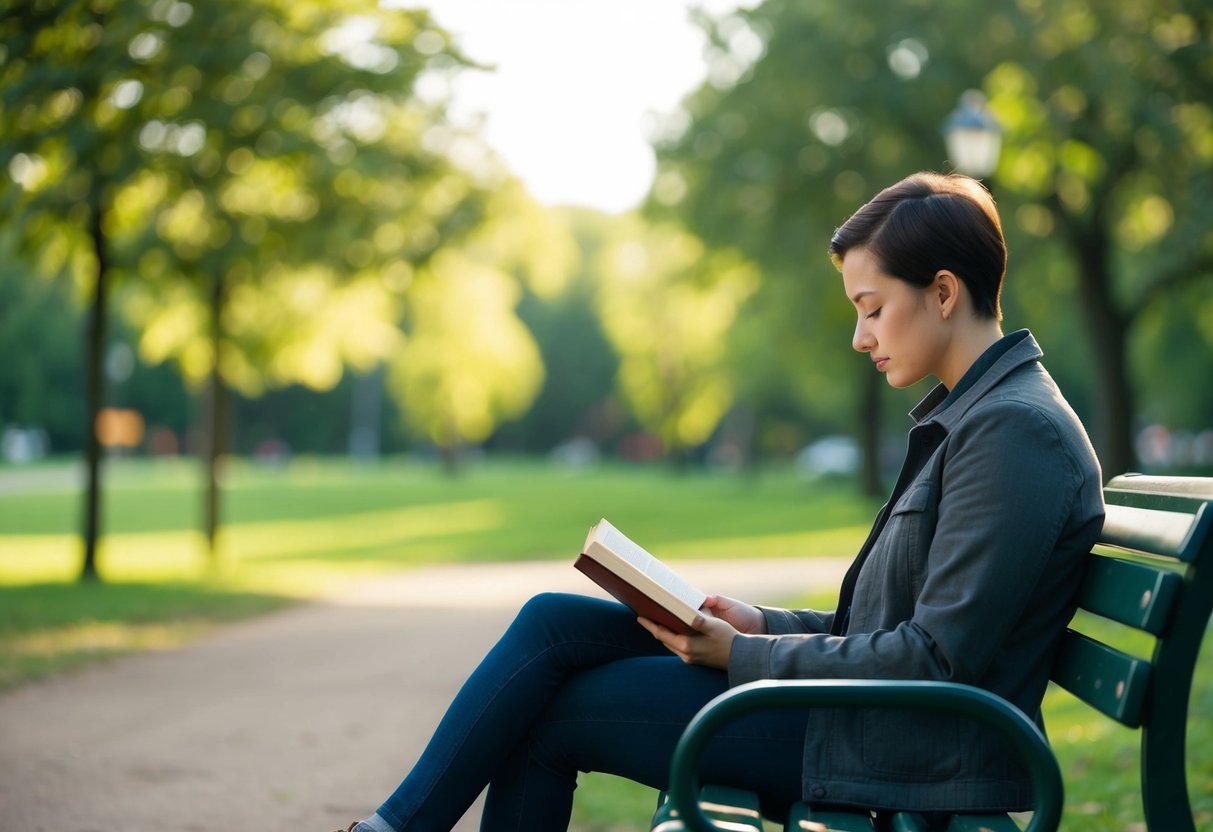 A person sitting on a park bench, calmly reading a book while surrounded by nature