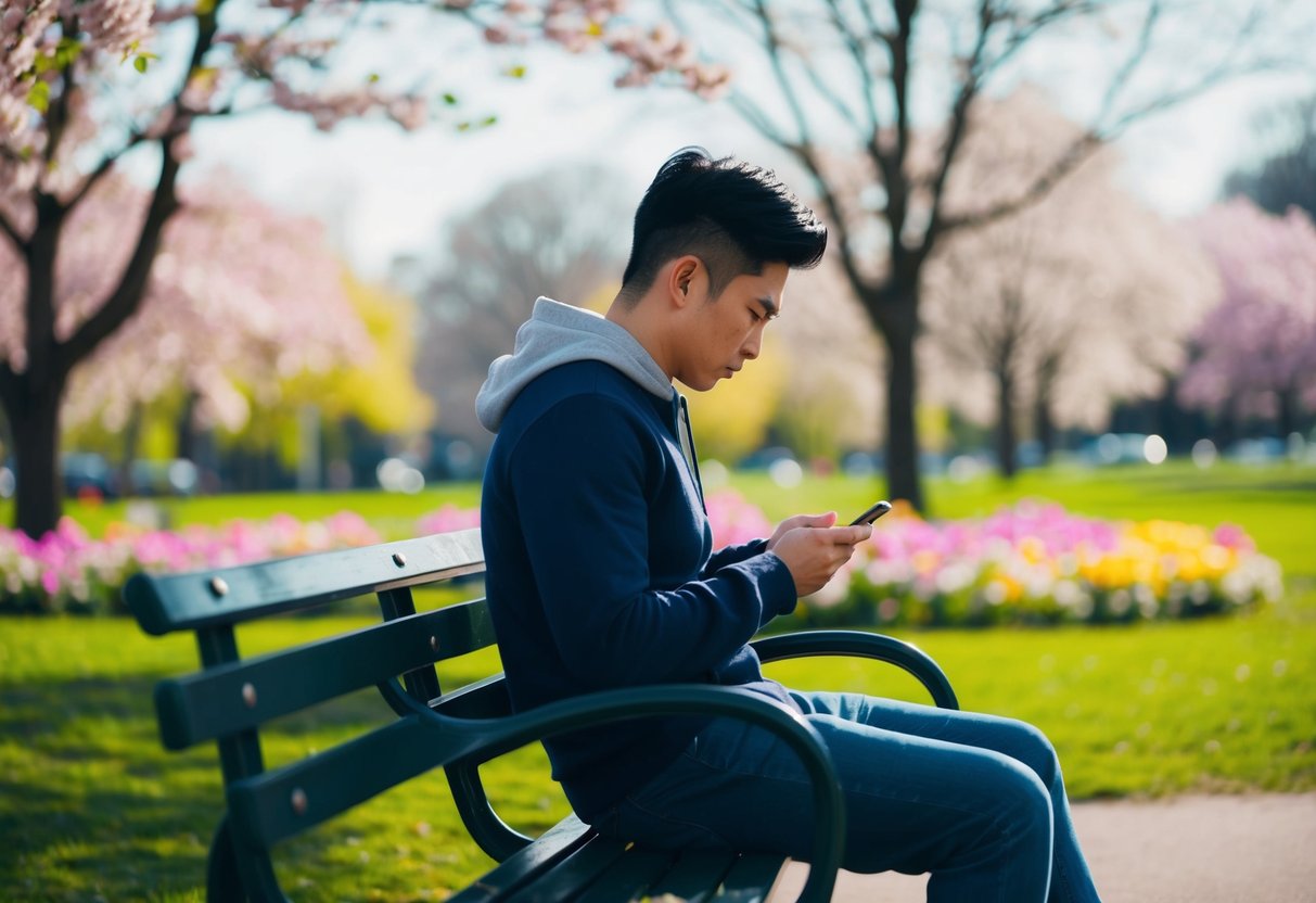 A person sitting on a park bench, looking at their phone with a disappointed expression while surrounded by blooming flowers and trees