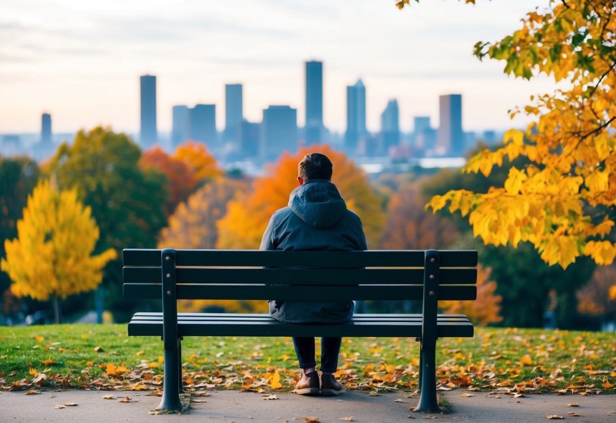 A person sitting alone on a park bench, surrounded by colorful autumn leaves, with a distant city skyline in the background