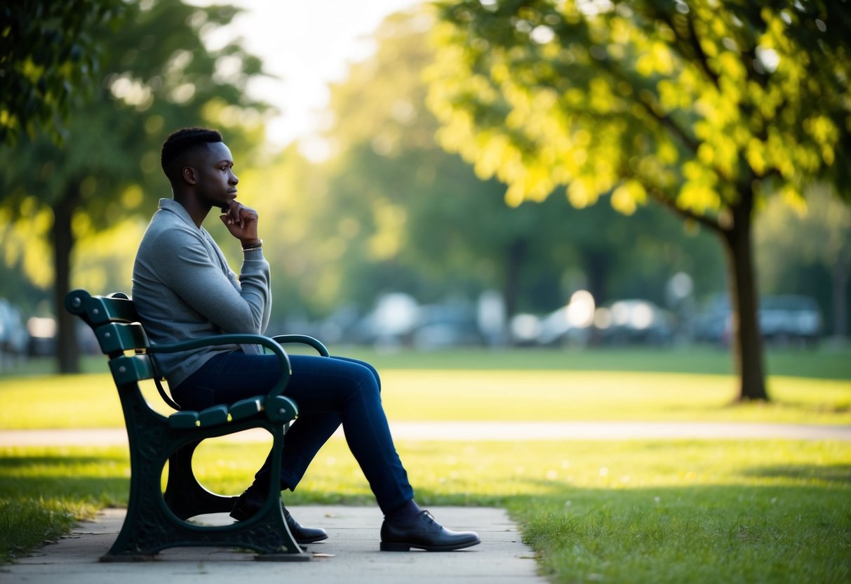 A person sitting alone on a park bench, looking contemplative with a thoughtful expression, while surrounded by nature