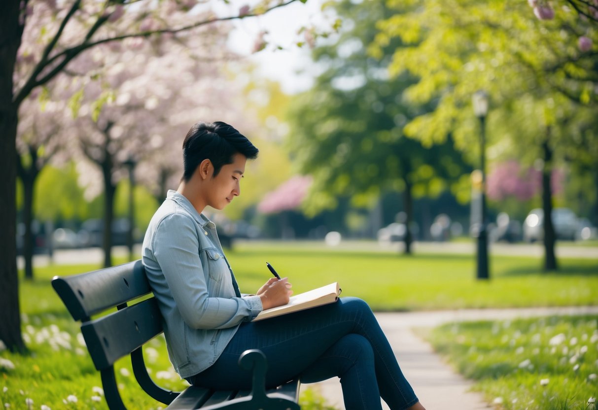 A person sitting alone on a park bench, surrounded by blooming flowers and trees, with a journal and pen in hand, reflecting and processing their emotions gracefully