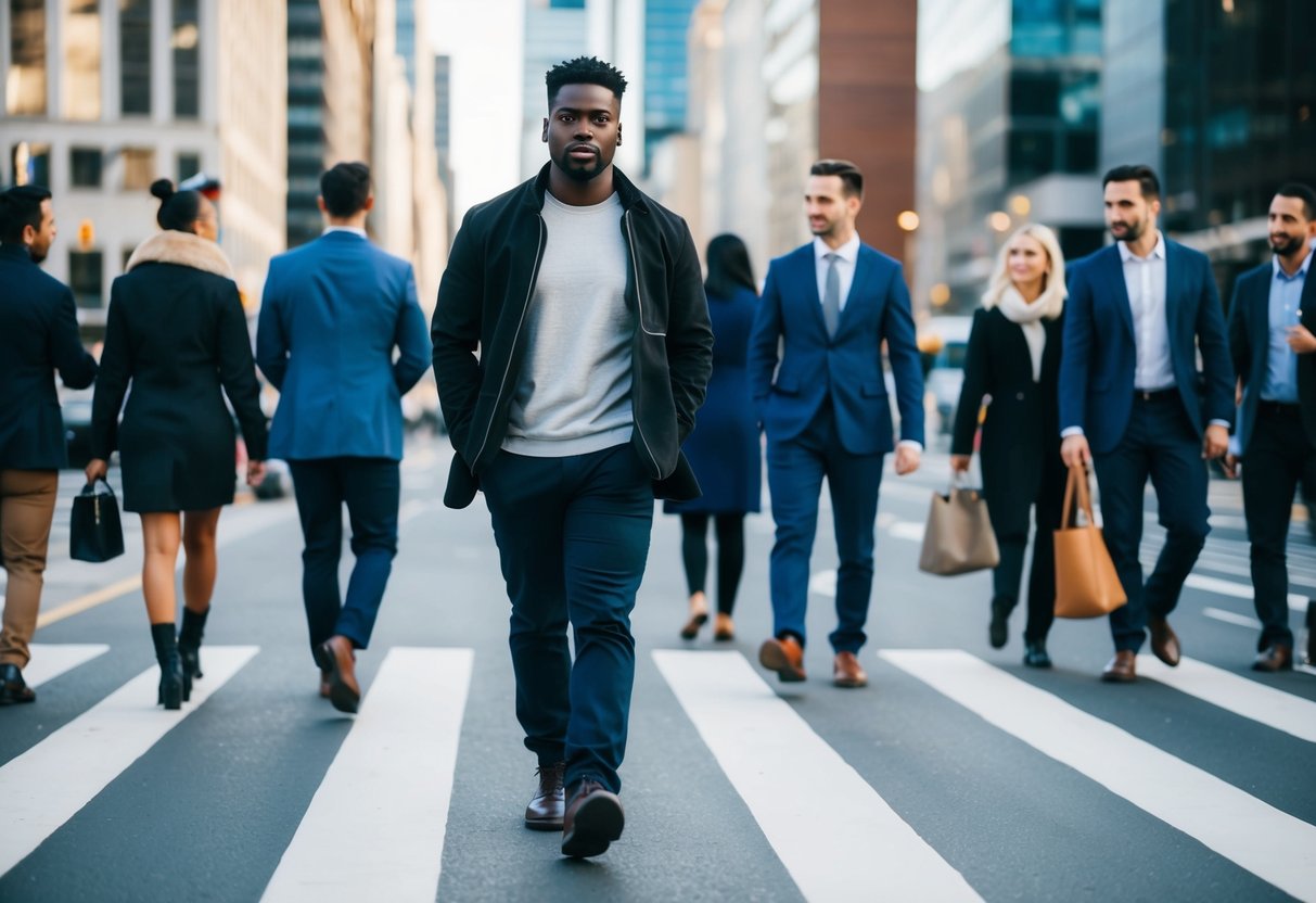 A person walking confidently through a cityscape, passing by various couples and individuals, with a sense of determination and self-assurance