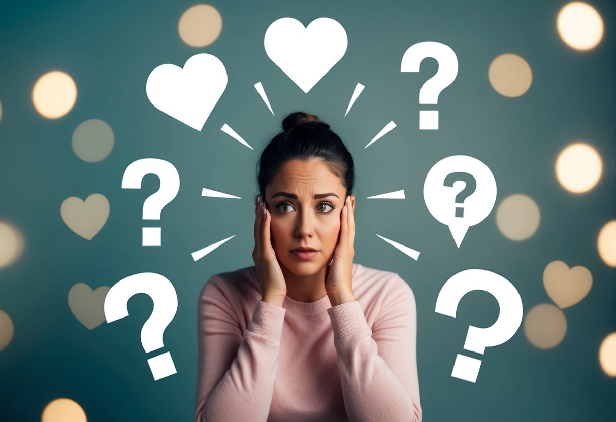 A person surrounded by various symbols representing different dating triggers, such as heart shapes, question marks, and exclamation points, with a sense of confusion and contemplation