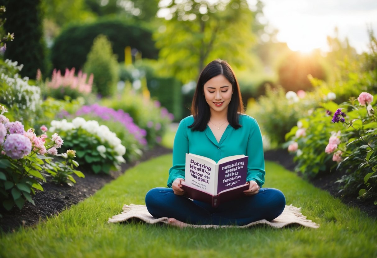 A person sitting in a peaceful garden, surrounded by blooming flowers and lush greenery, with a book titled "Fostering Healthy Mindsets Mastering Your Dating Triggers" open on their lap