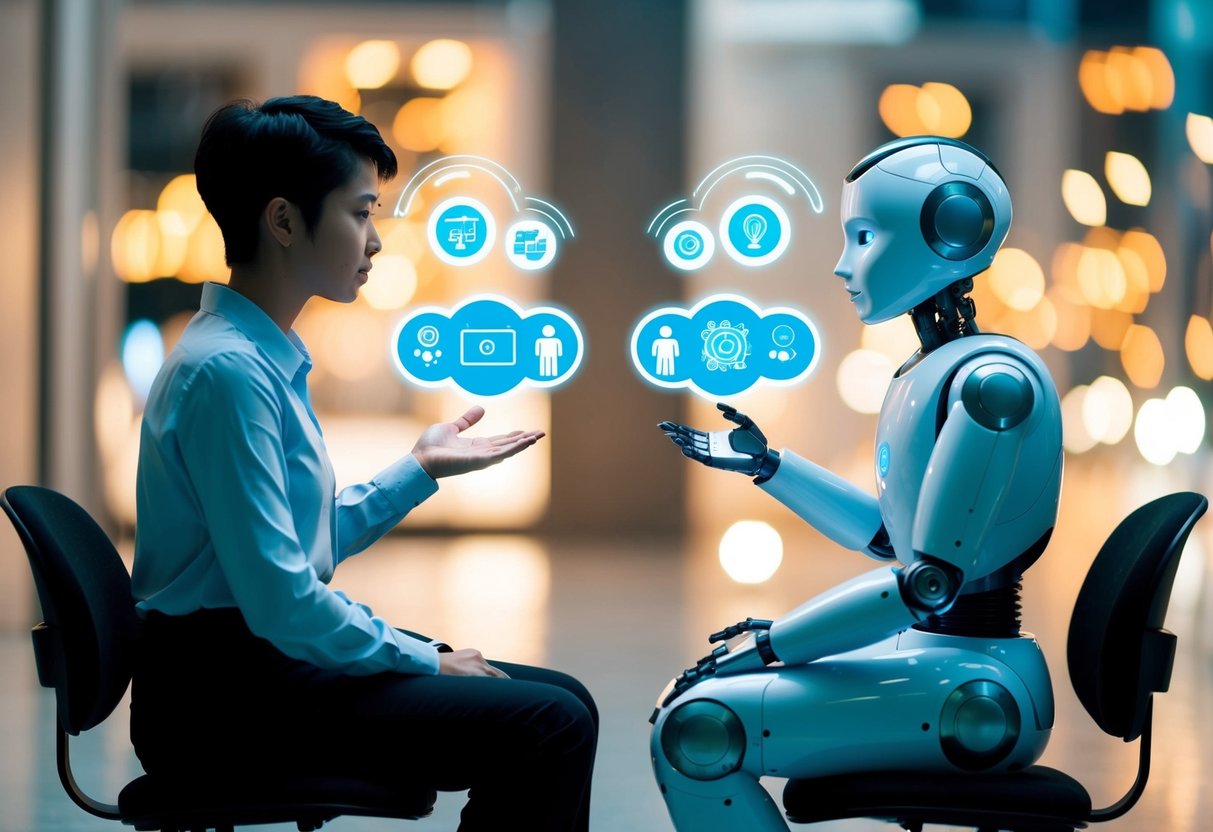 A person and a robot sit facing each other, exchanging thoughts through a series of animated symbols and gestures