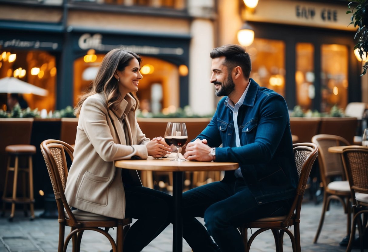 A couple sitting at a cozy cafe table, engrossed in conversation, with a warm and inviting atmosphere around them