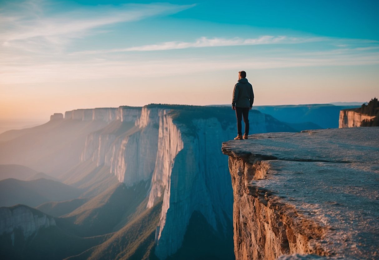 A person standing at the edge of a cliff, looking out at a vast and open landscape, symbolizing personal growth and self-discovery