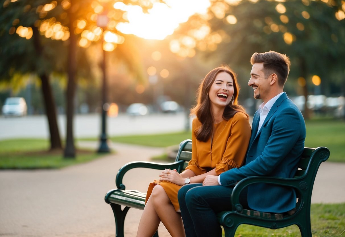 A couple sits together on a park bench, laughing and enjoying each other's company. The sunset casts a warm glow over the scene, creating a peaceful and romantic atmosphere