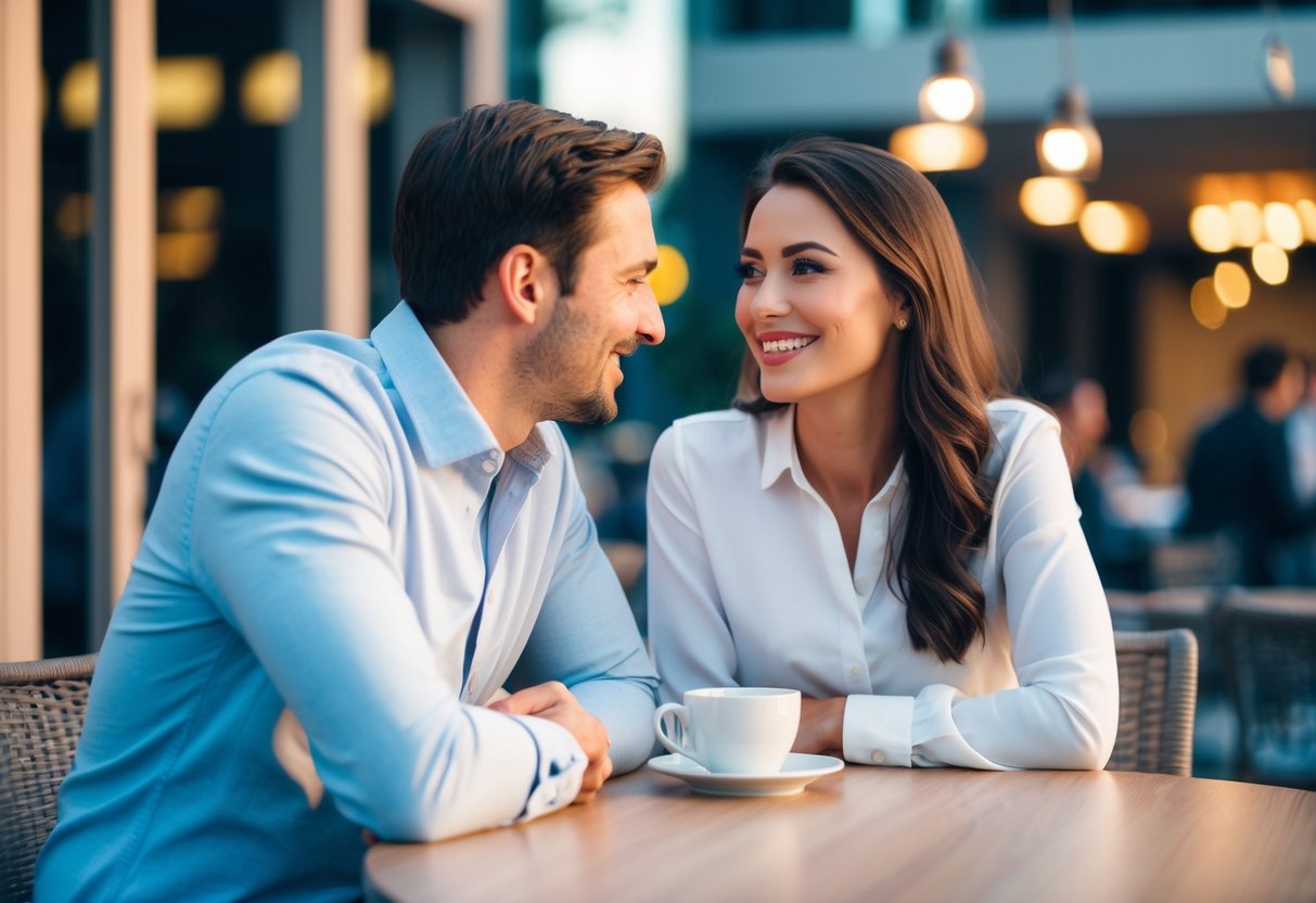 A couple sitting at a table, leaning in towards each other, making eye contact and smiling