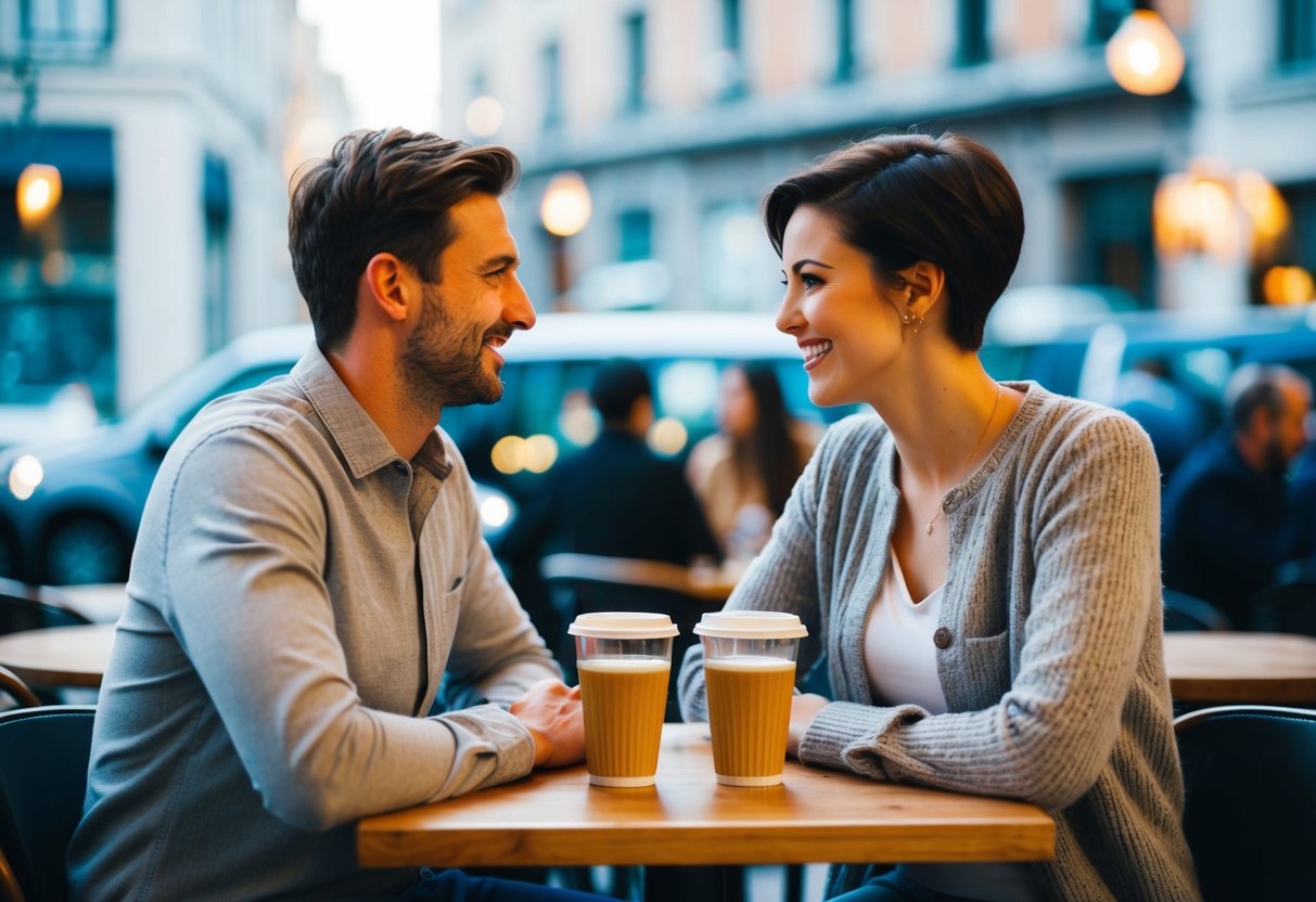 A couple sitting at a cafe, facing each other with open body language, smiling and making eye contact