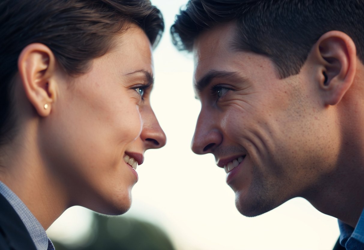 Two figures facing each other, one leaning in and the other mirroring the gesture. Eye contact and subtle smiles indicate mutual interest