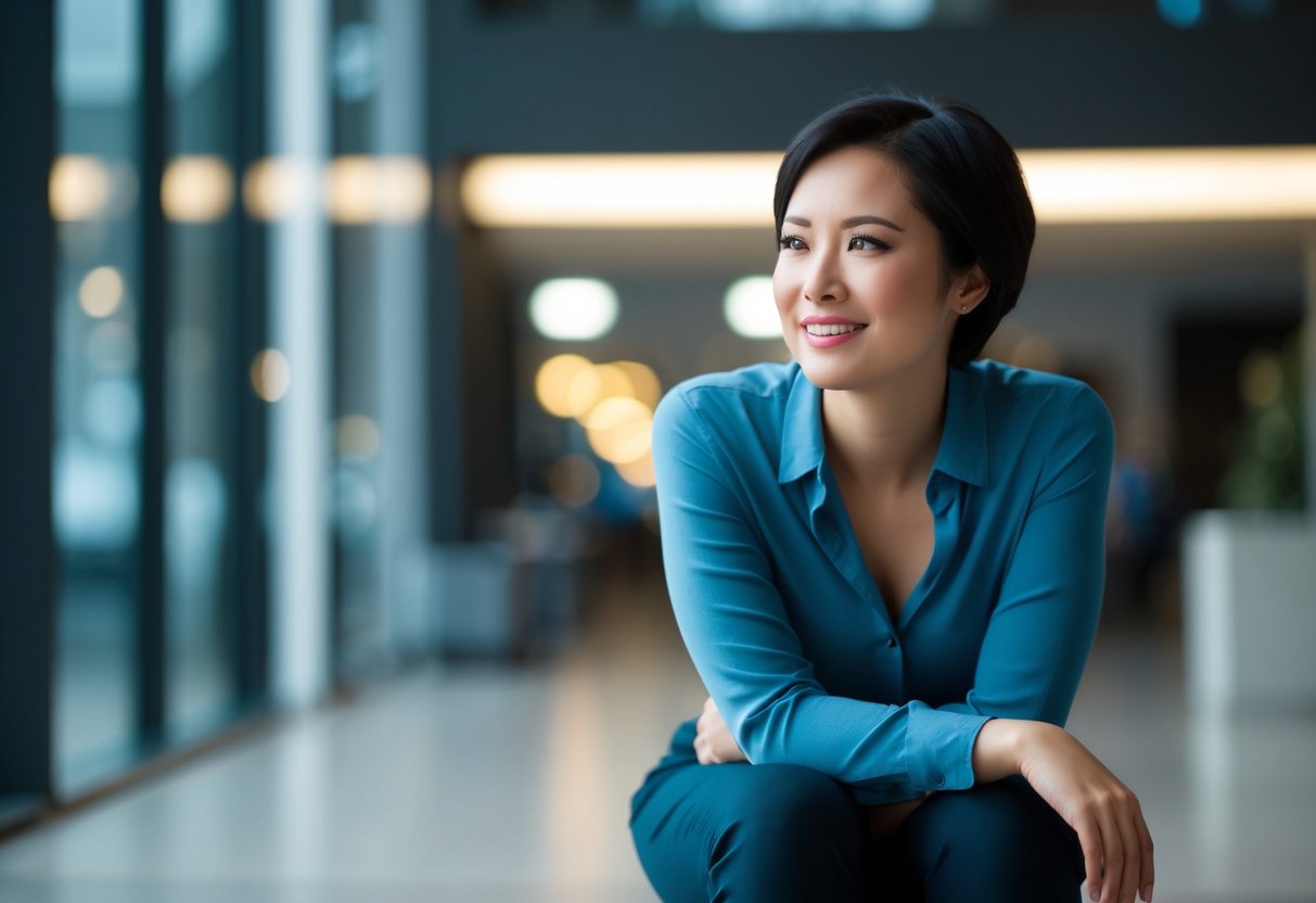 A person sitting with an open posture, leaning forward with a relaxed but engaged expression, making eye contact with a slight smile