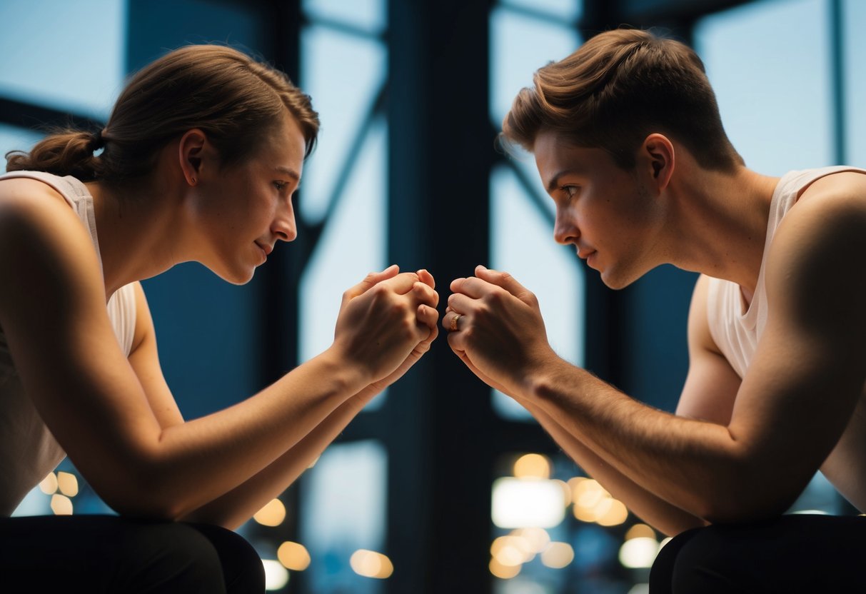 Two figures facing each other, maintaining open and relaxed postures. Their bodies are angled towards each other, with occasional mirroring of movements