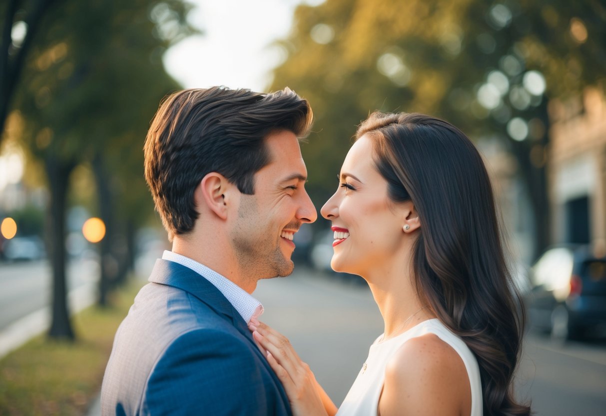 A couple facing each other, smiling and leaning in, with open body language and eye contact