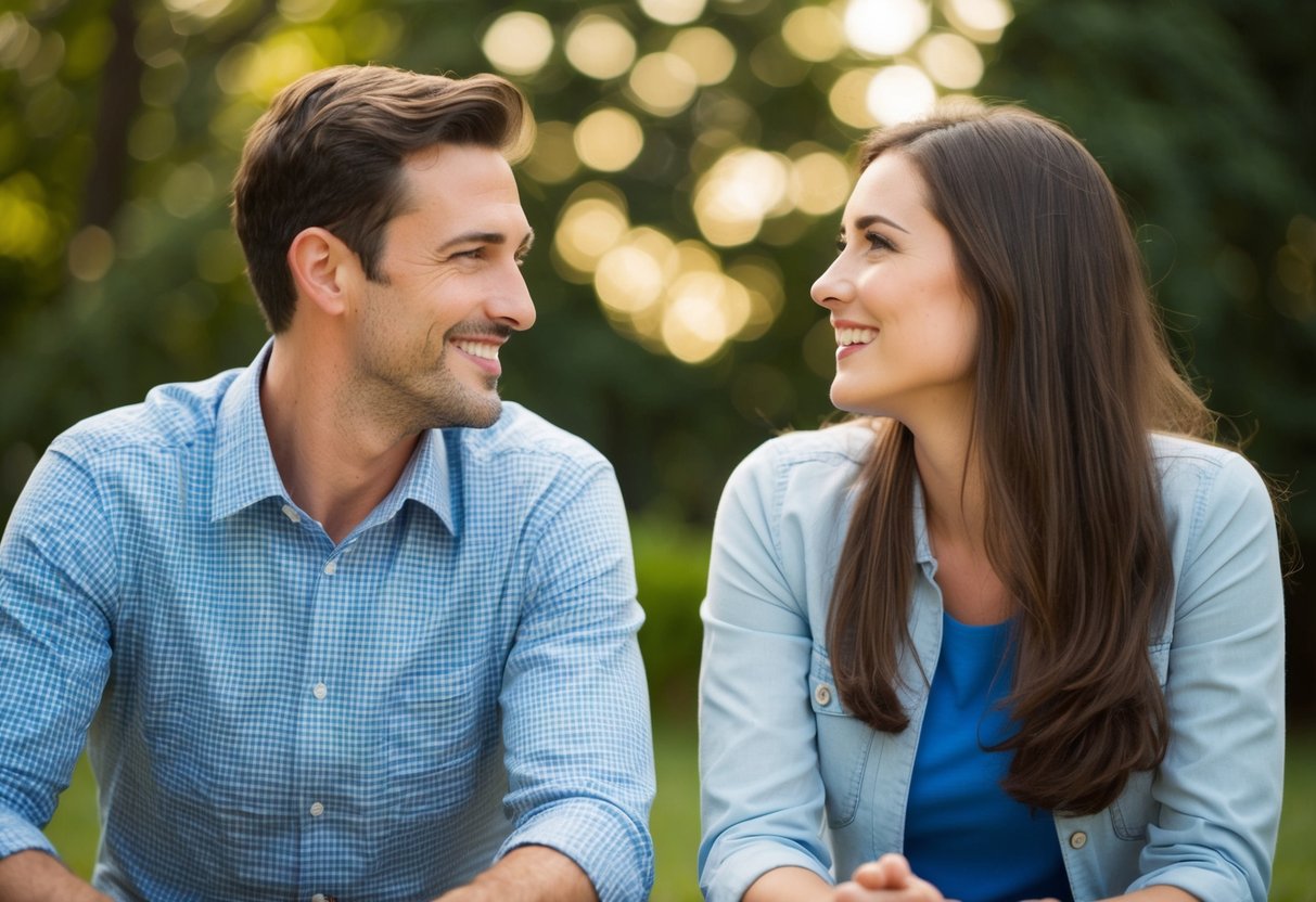 A man and woman sit facing each other, leaning in with open body language, maintaining eye contact and smiling