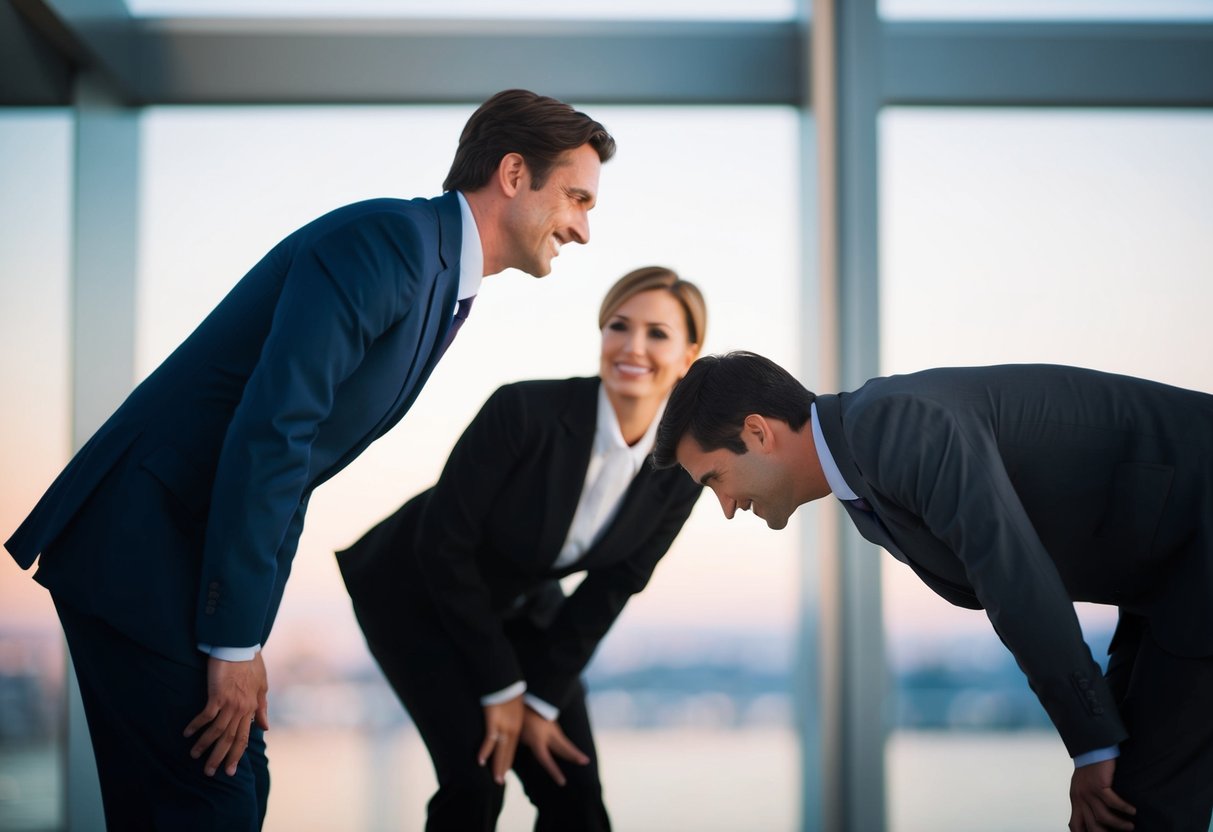 A figure leaning in with open body language, making eye contact and smiling, while another figure leans back with closed-off body language and avoids eye contact