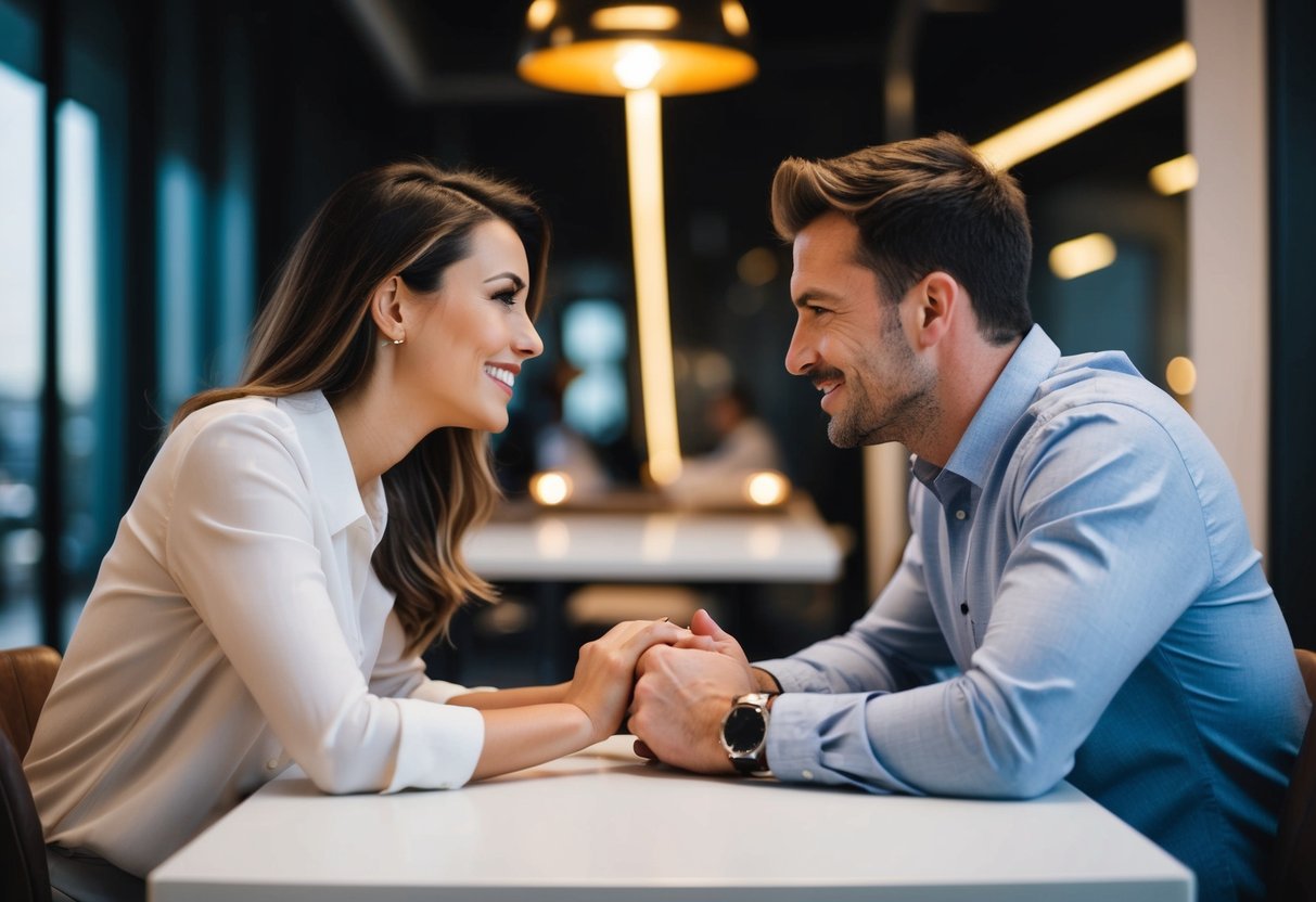 A couple sits at a table, leaning in and making eye contact, their body language open and engaged