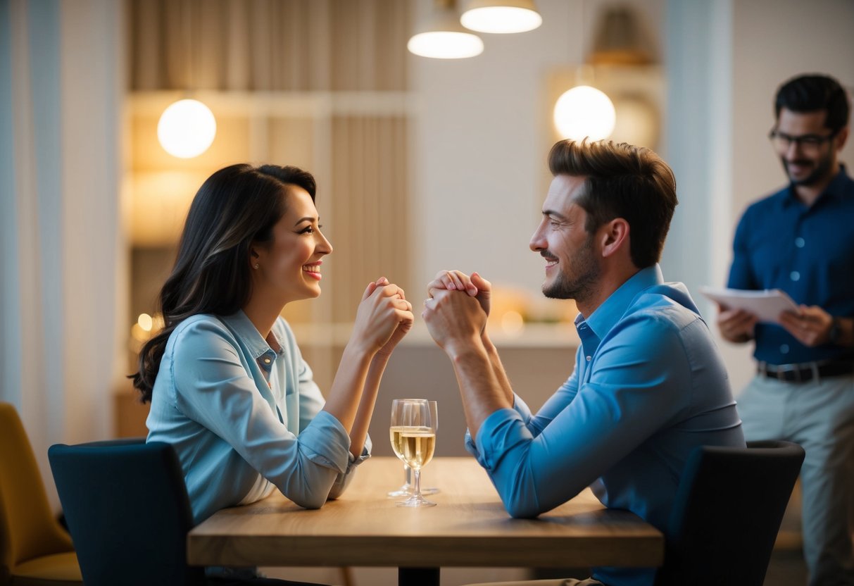 A couple sits facing each other, leaning in with open body language, making eye contact and smiling. The dating expert observes from a distance, taking notes