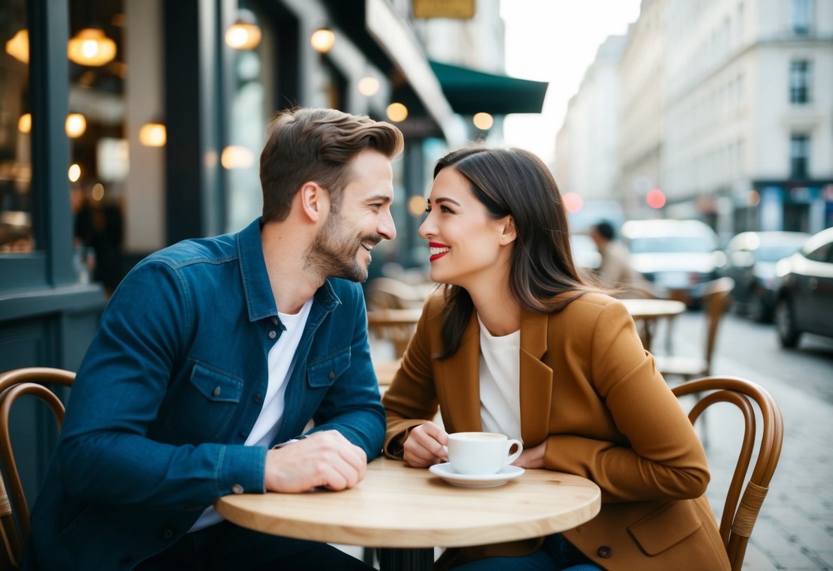 A couple sitting at a cafe table, leaning in with open body language, smiling and making eye contact