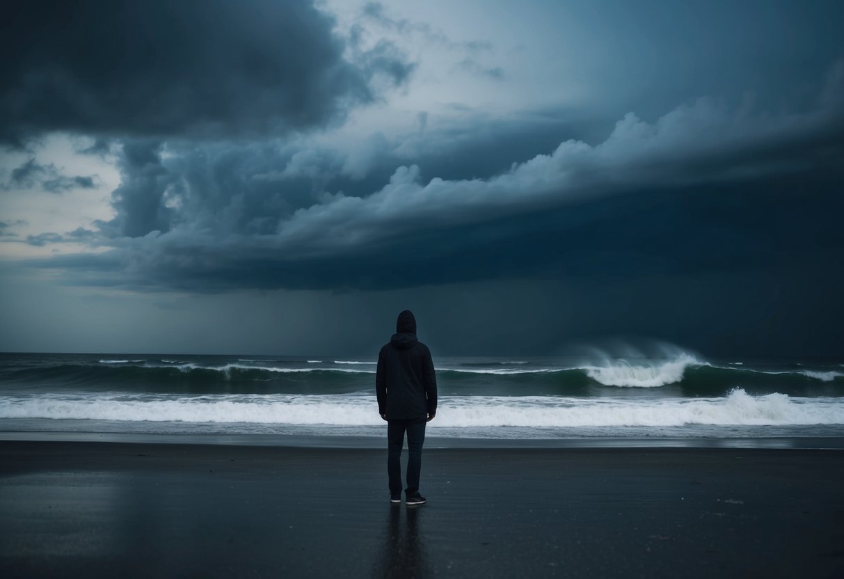 A lone figure stands on a deserted beach, gazing out at the stormy sea under a dark, brooding sky. The crashing waves and ominous clouds convey a sense of emotional isolation and unavailability