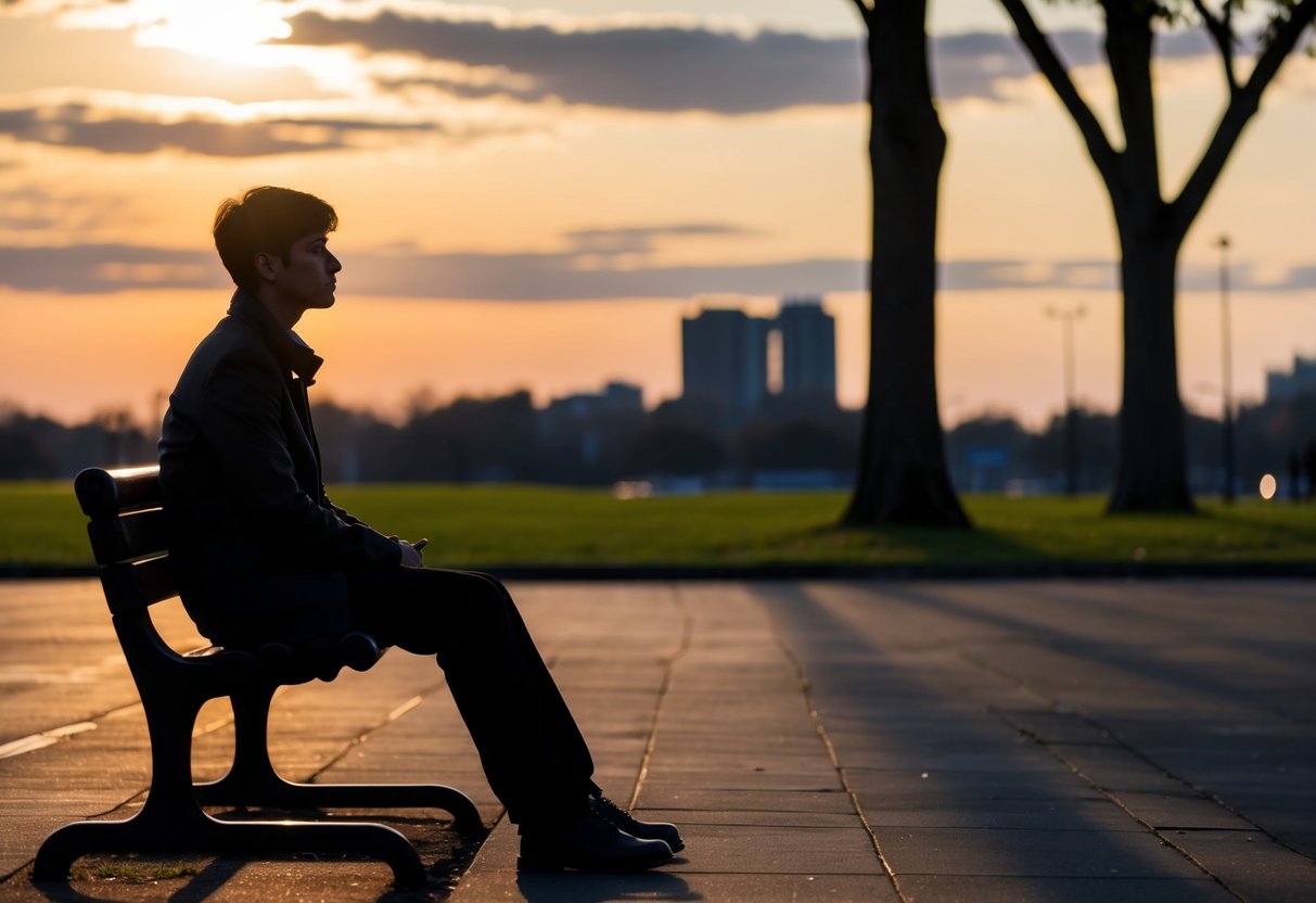 A figure sits alone on a park bench, staring into the distance with a closed-off expression. The sun sets behind them, casting long shadows on the ground